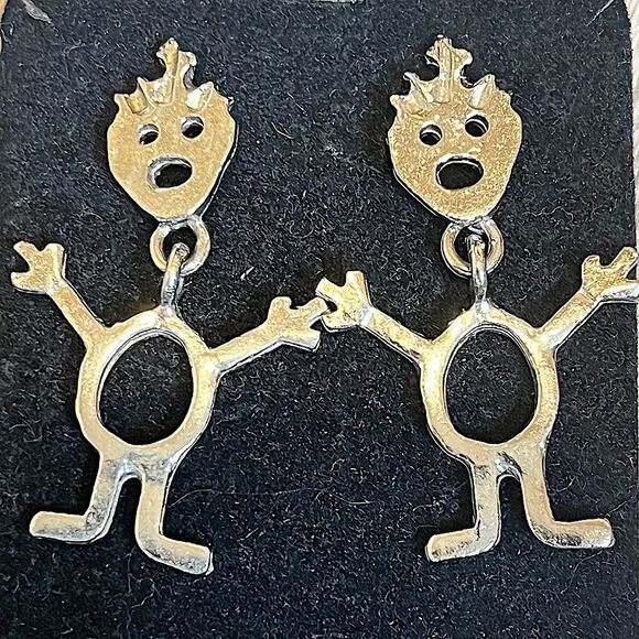 Vintage Silver Metal Happy People Dangle Stud Earrings - Picture 1 of 5